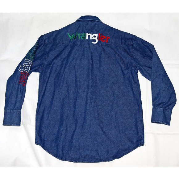 Wrangler Men's Long Sleeve Button Front Western Denim Spellout Shirt Size Medium - Picture 5 of 10